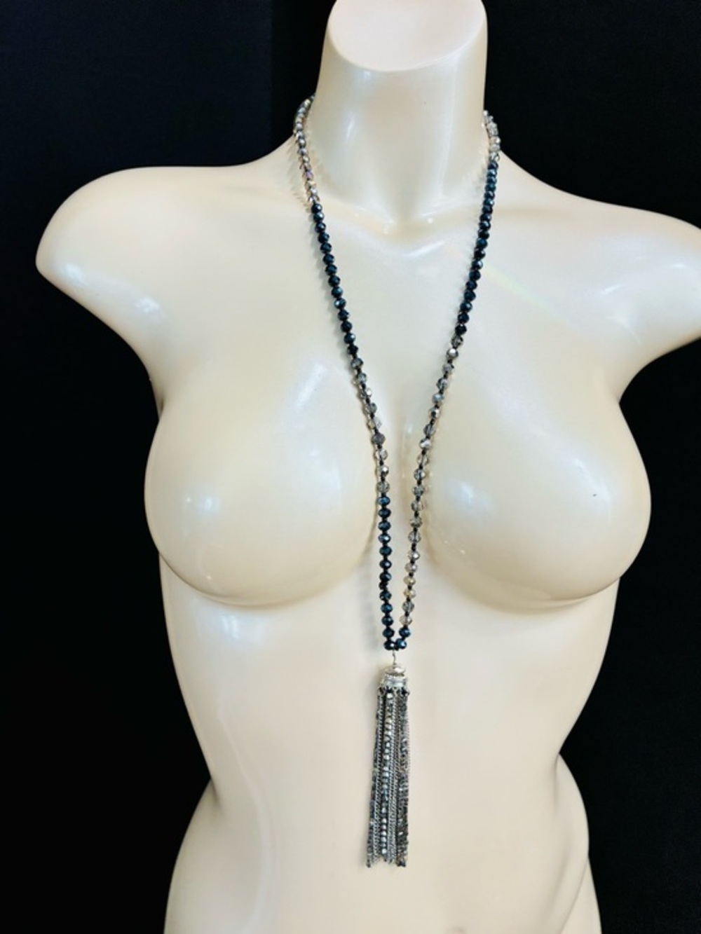 Murano Black and Silver Bead Necklace with Silver Tassel